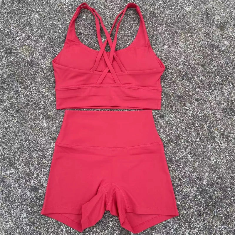 Yoga Clothes Set 2 Piece Gym Sports Shorts Set Women Cross Back Bra Top High Waist Shorts Fitness Suit Running Workout Tracksuit